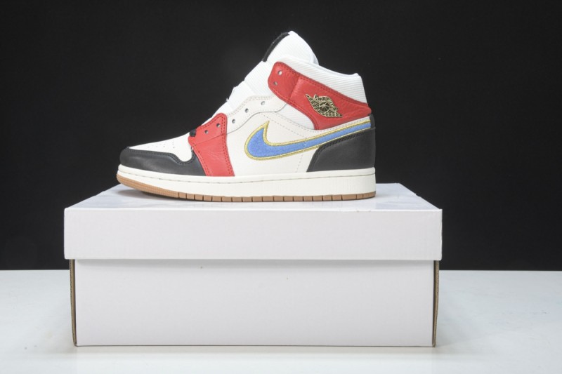 Jordan 1 Mid Sail Red Black Blue